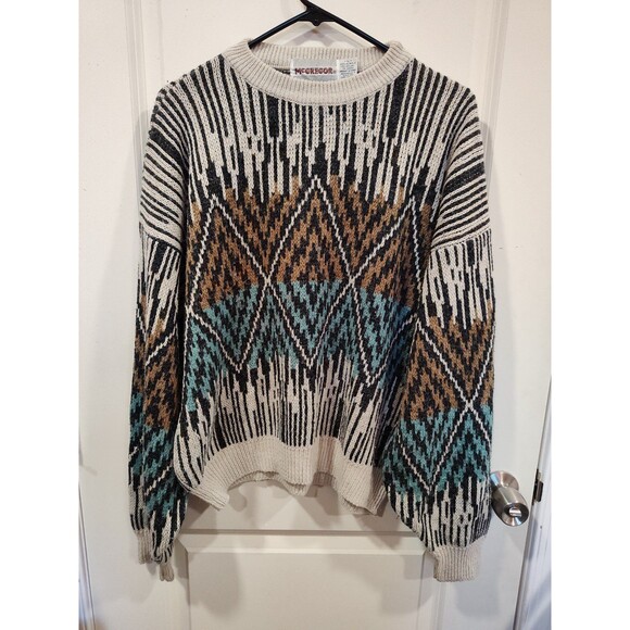 Vintage McGregor Crewneck Pullover Sweater Large Beige Orange Turquoise - Picture 1 of 6